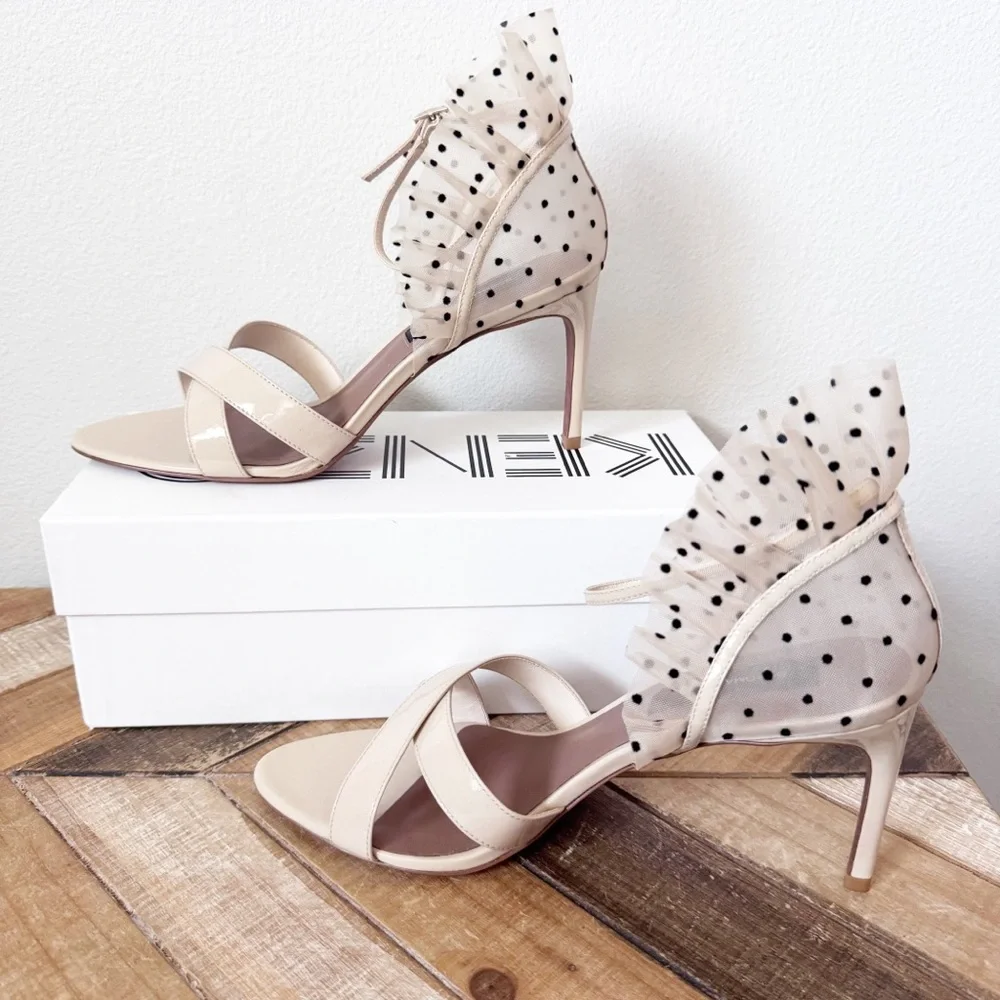 BCBGMaxazria Stella Sandal Cream Ruffle Polka Dot Heels - Picture 5 of 14